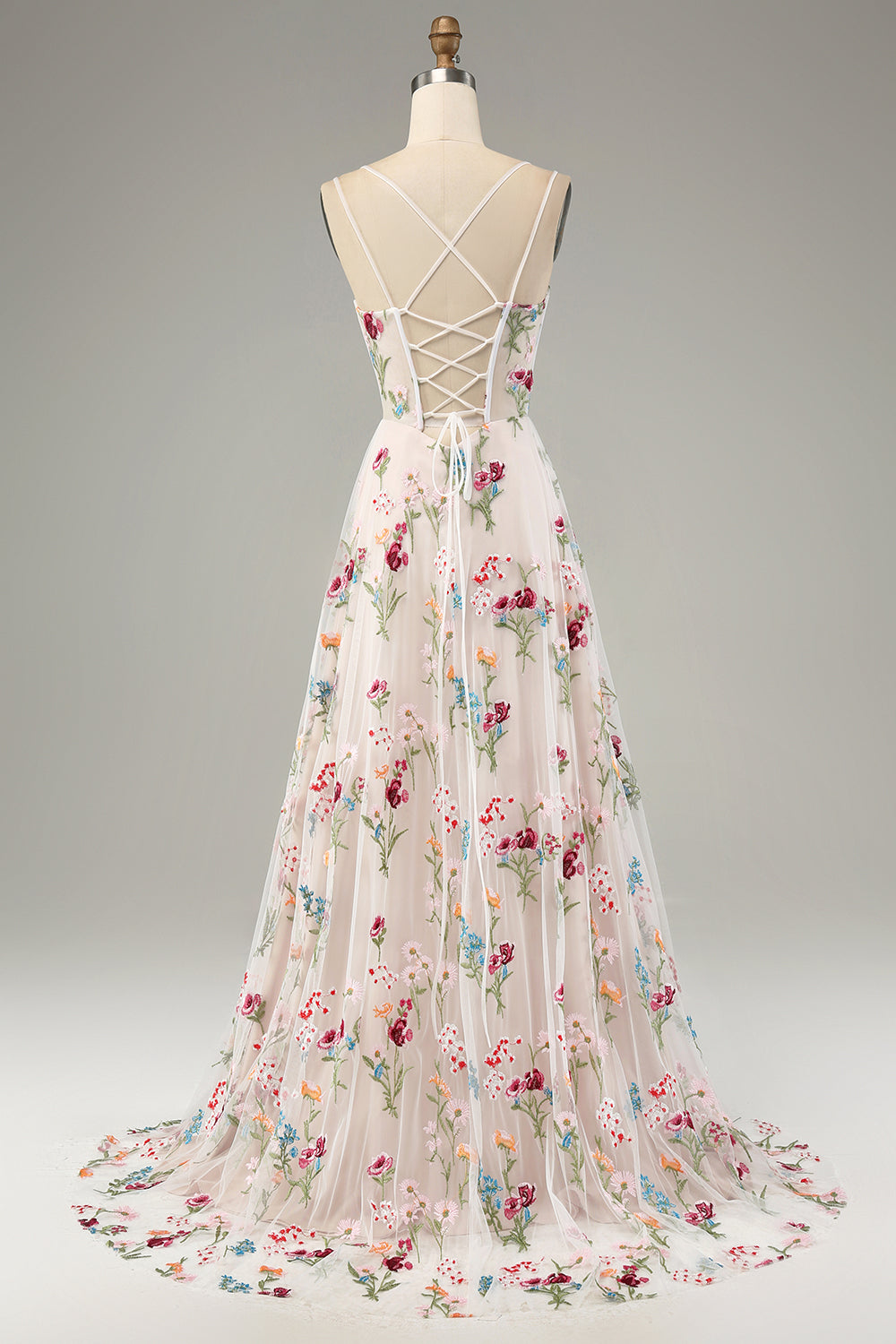 Avorio Fiore A-Line Spalline sottili Corsetto Abito Lungo cerimonia Con Fessura