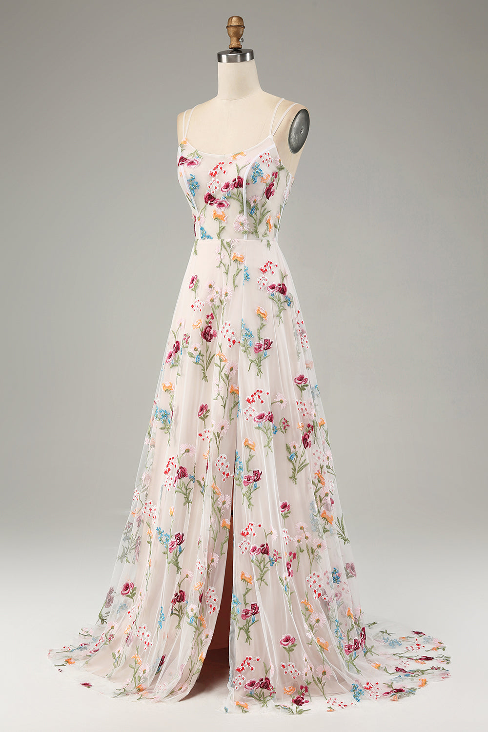 Avorio Fiore A-Line Spalline sottili Corsetto Abito Lungo cerimonia Con Fessura