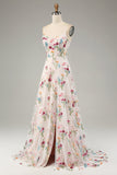 Avorio Fiore A-Line Spalline sottili Corsetto Abito Lungo cerimonia Con Fessura
