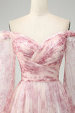 Fiore Blush A-Line Fuori Dalla Spalla Stampa Abito Da Cerimonia Con Fessura