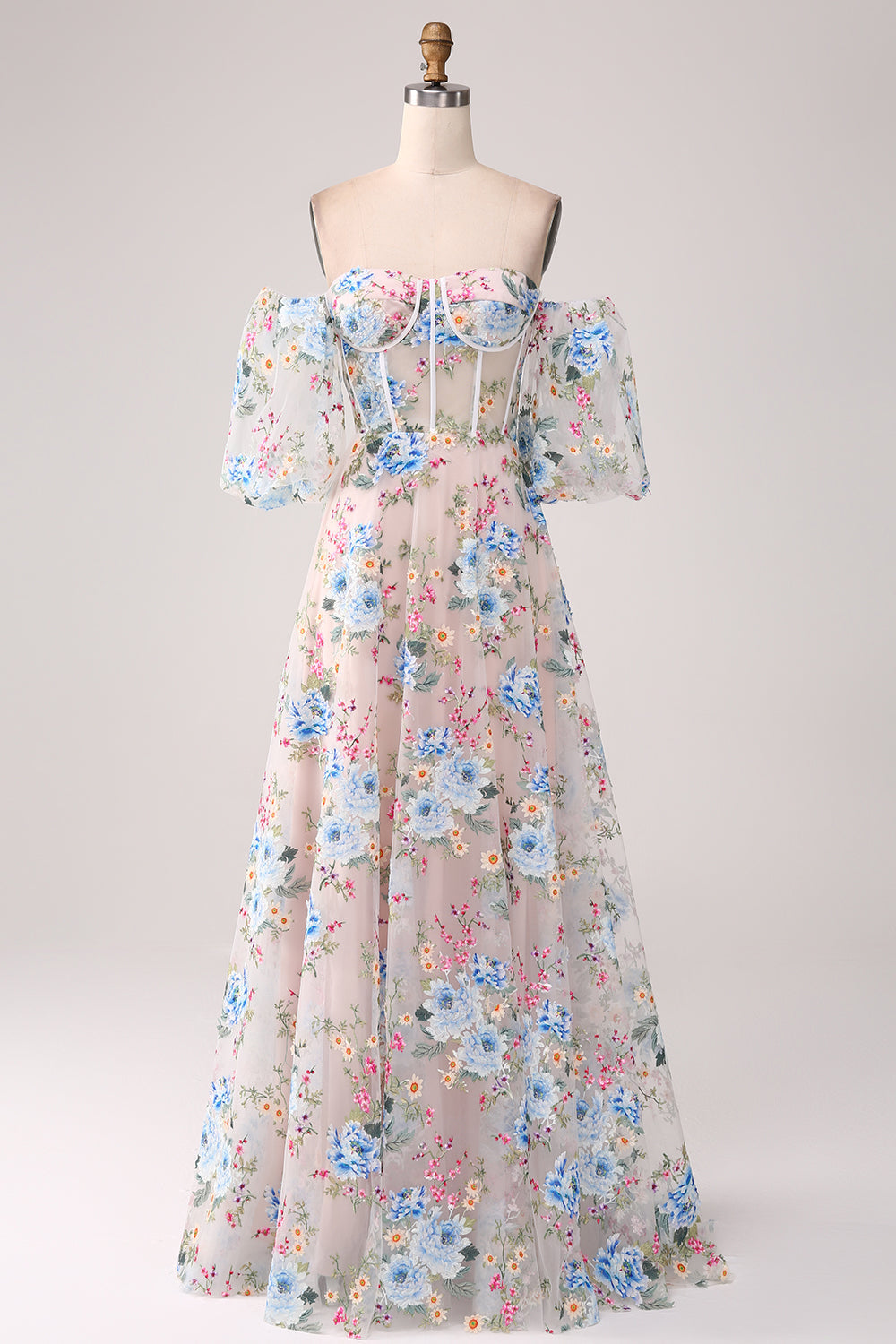 A-Line Albicocca fiore Off the Shoulder lungo corsetto Prom Dress