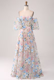 A-Line Albicocca fiore Off the Shoulder lungo corsetto Prom Dress