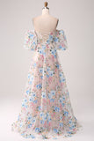 A-Line Albicocca fiore Off the Shoulder lungo corsetto Prom Dress