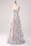 A-Line Albicocca fiore Off the Shoulder lungo corsetto Prom Dress