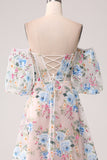 A-Line Albicocca fiore Off the Shoulder lungo corsetto Prom Dress