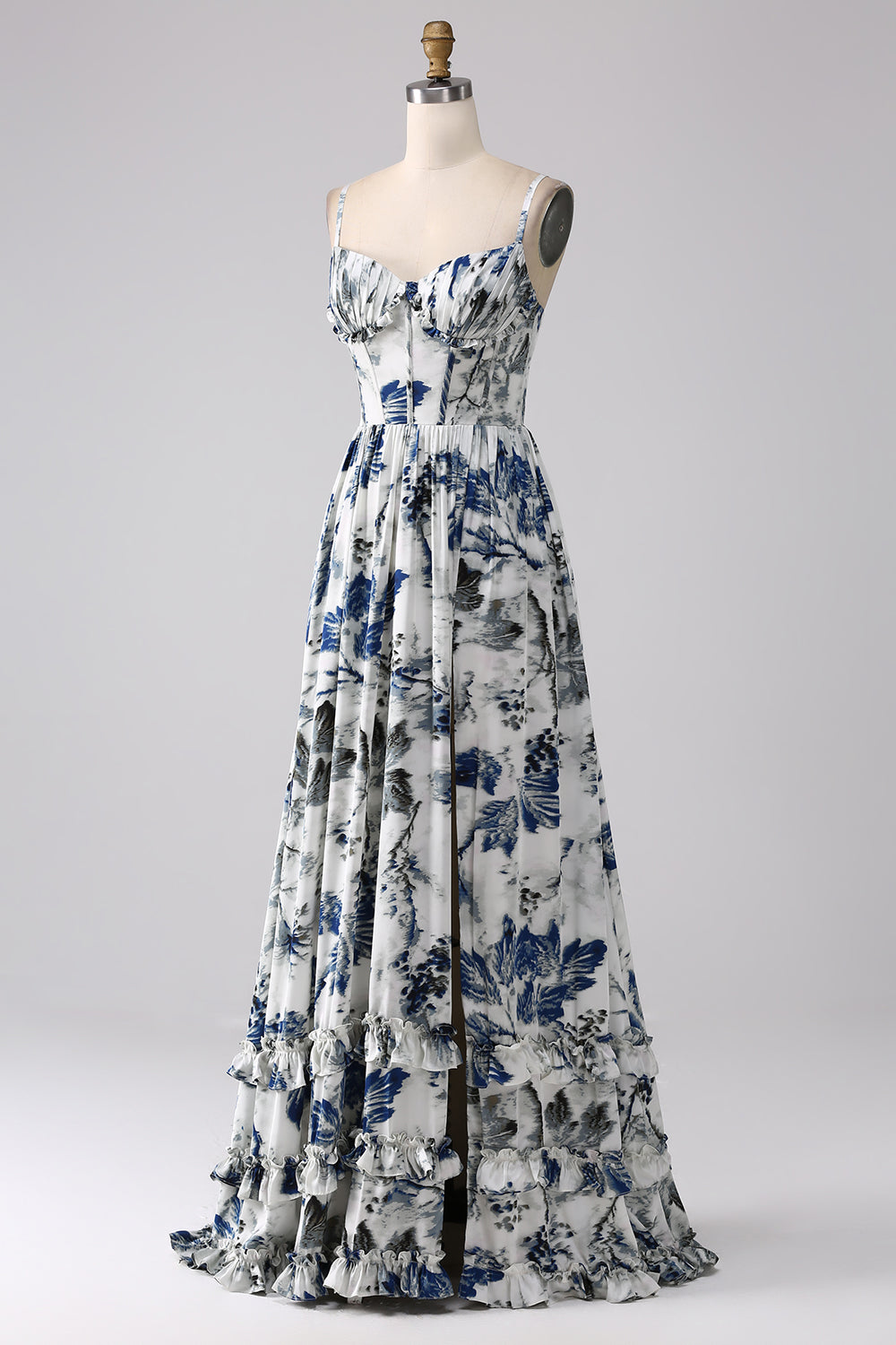 Abito lungo lungo corsetto stampato blu plissettato con fessura
