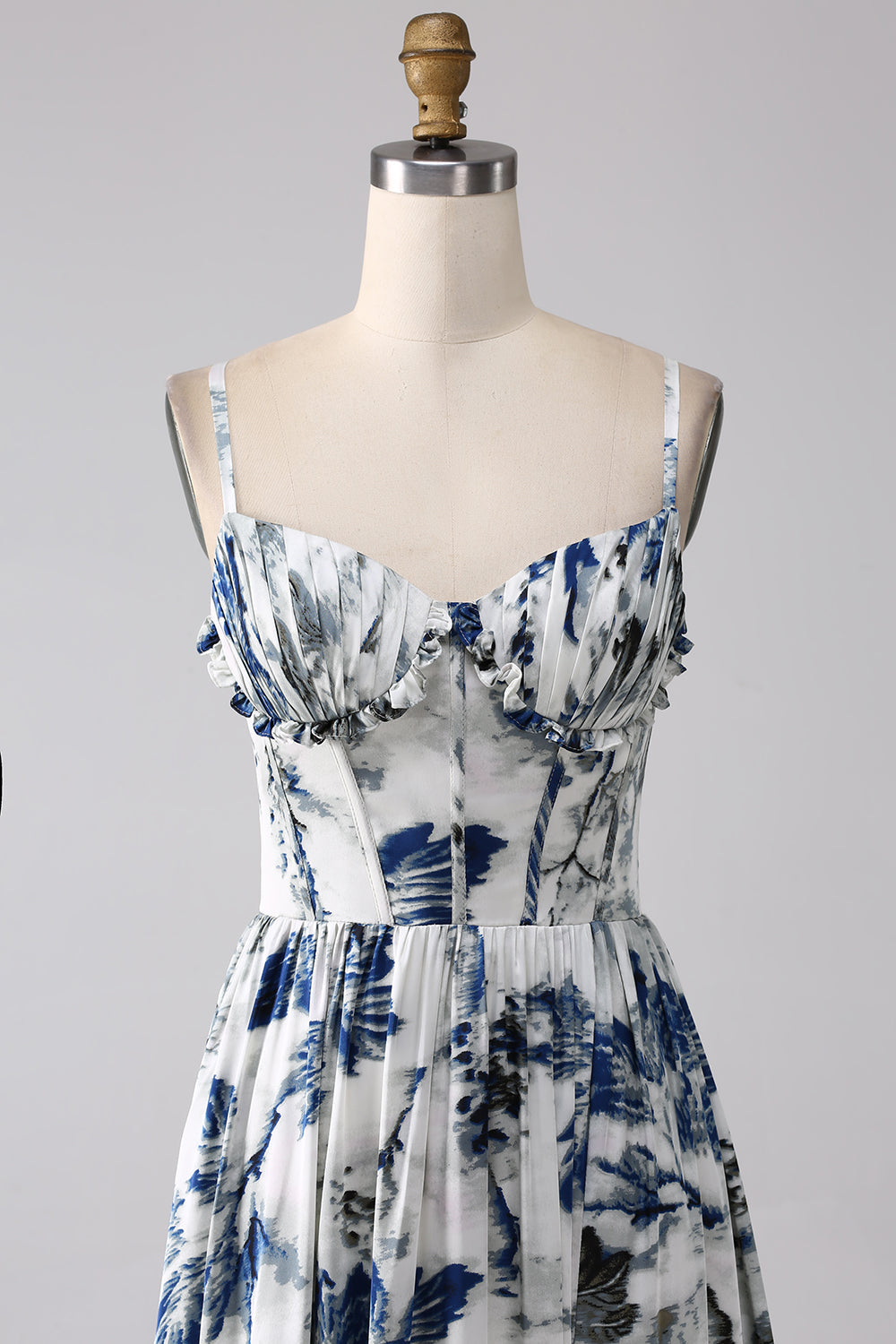 Abito lungo lungo corsetto stampato blu plissettato con fessura