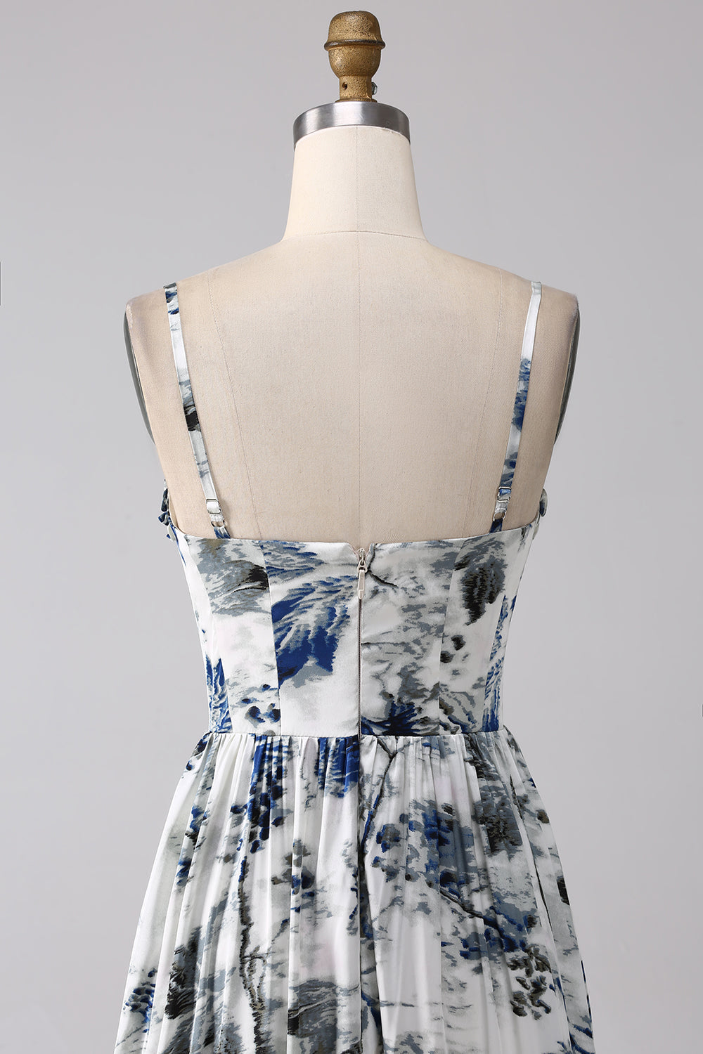 Abito lungo lungo corsetto stampato blu plissettato con fessura