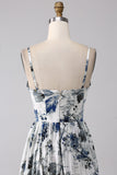 Abito lungo lungo corsetto stampato blu plissettato con fessura