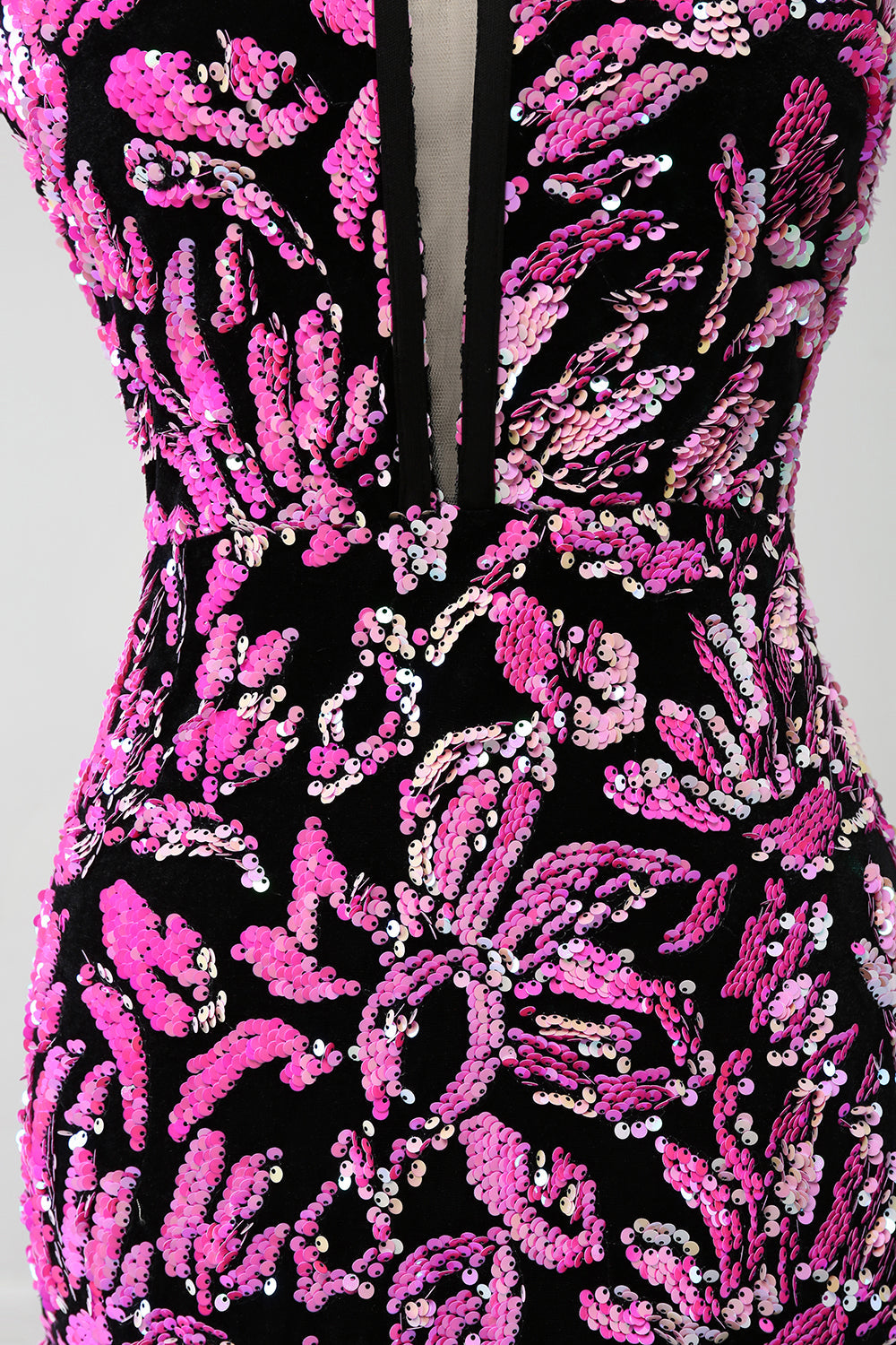 Scintillante Sirena Fucsia Nero Paillettes Abito Da Cerimonia Con Spacco Laterale