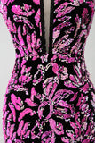 Scintillante Sirena Fucsia Nero Paillettes Abito Da Cerimonia Con Spacco Laterale