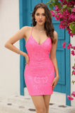 Abito da cocktail corto con paillettes fucsia senza spalline