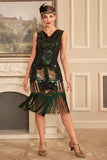 Nero Verde Paillettes 1920s Flapper Dress con frange