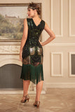 Nero Verde Paillettes 1920s Flapper Dress con frange