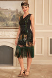 Nero Verde Paillettes 1920s Flapper Dress con frange