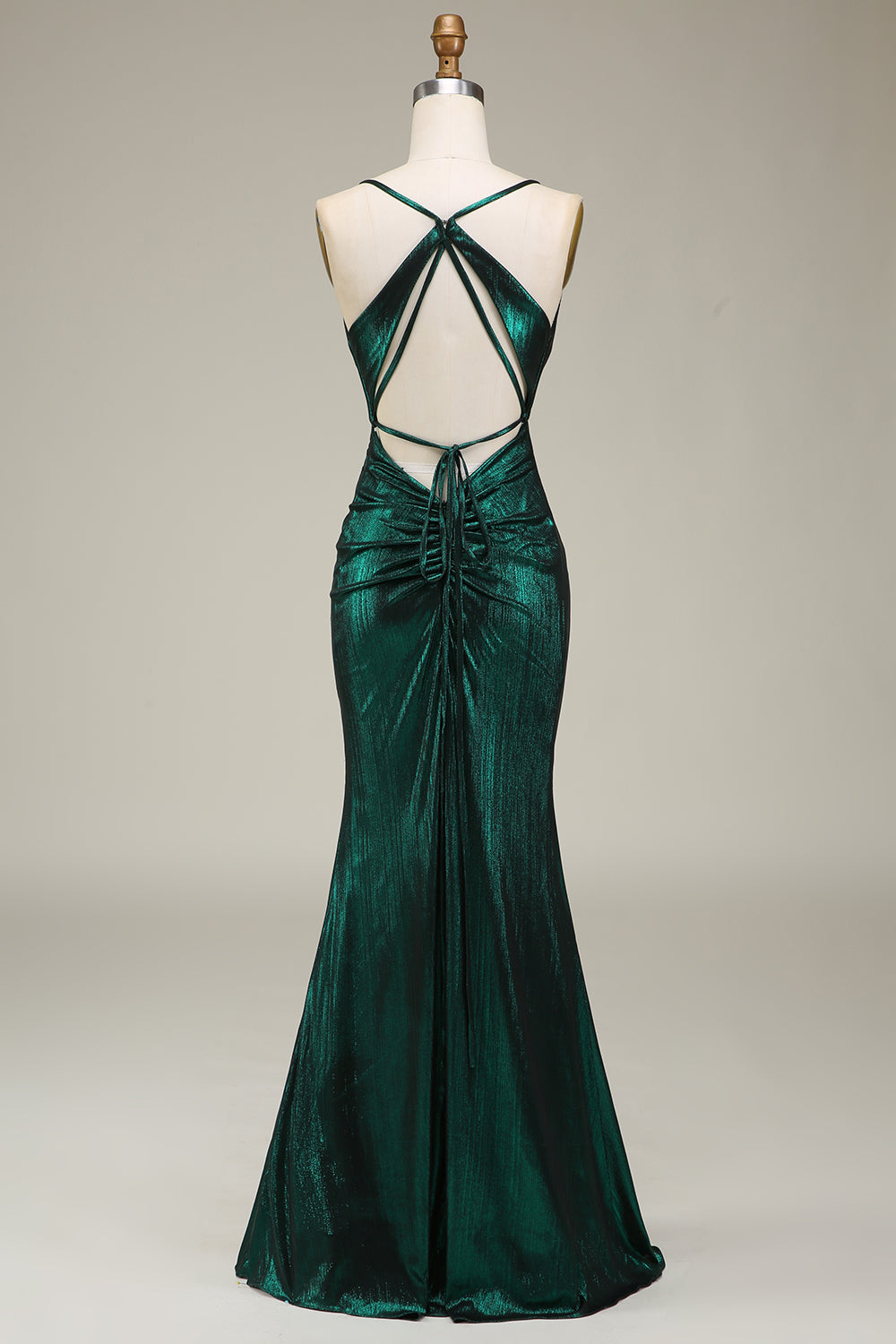 Verde scuro Sirena Spaghetti Straps Abito lungo da cerimonia con schiena scoperta