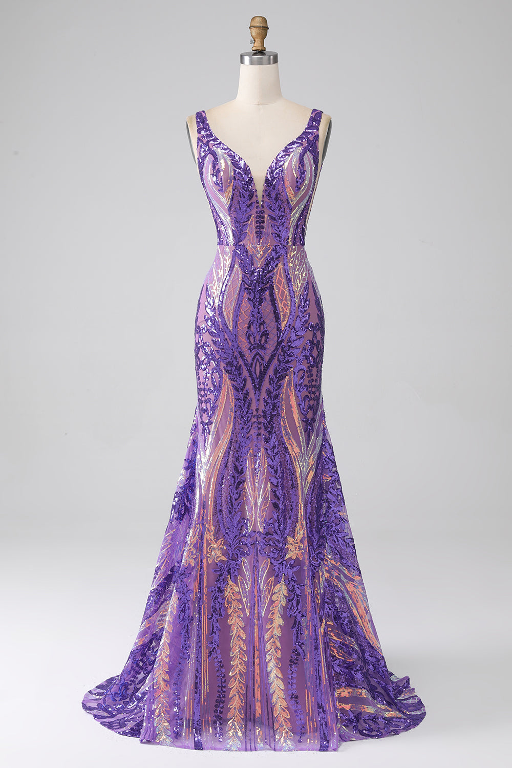 Sparkly Sirena Scollo a V Paillettes Viola Scuro Abito Lungo Prom con Schiena Aperta