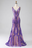 Sparkly Sirena Scollo a V Paillettes Viola Scuro Abito Lungo Prom con Schiena Aperta