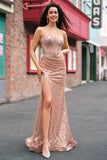 Sirena oro rosa perline paillettes corsetto abito da cerimonia con fessura laterale