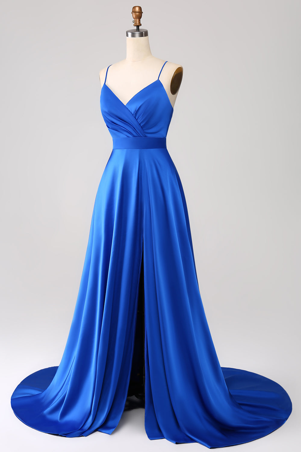 Royal Blue A Line Spaghetti Straps Satin Prom Dress con Spacco