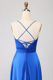 Royal Blue A Line Spaghetti Straps Satin Prom Dress con Spacco