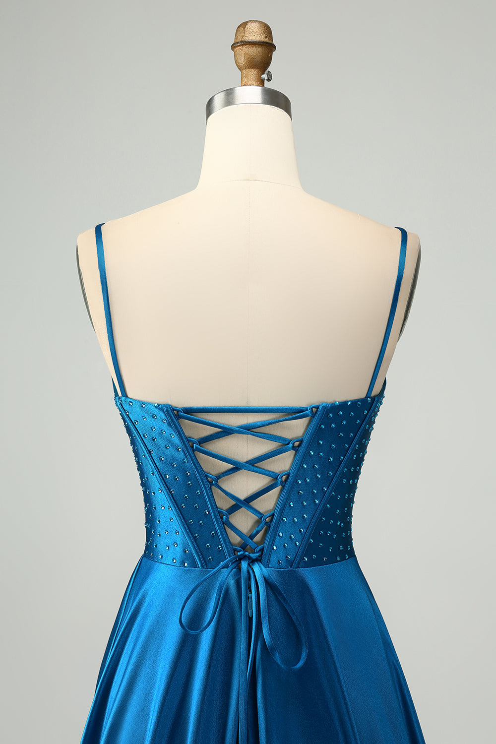 Scintillante blu scuro una linea Corsetto perline abito lungo da cerimonia con fessura