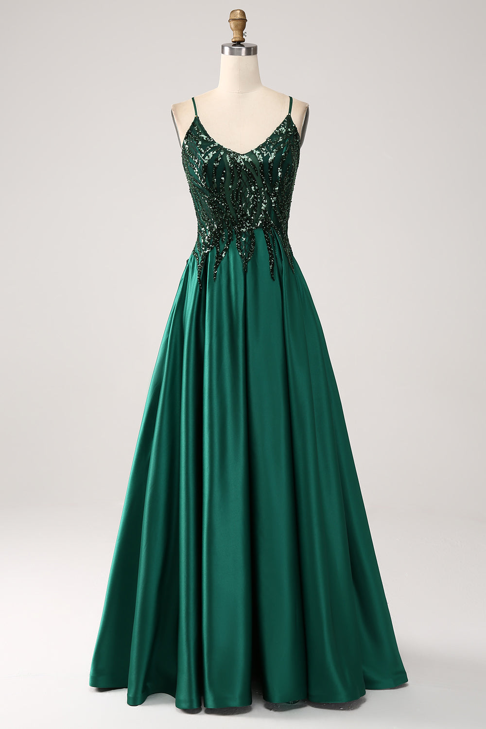 Verde scuro A-Line Spaghetti Straps Abito lungo da ballo