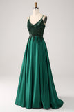 Verde scuro A-Line Spaghetti Straps Abito lungo da ballo