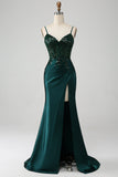 Sparkly verde scuro sirenetta paillettes plissettato corsetto abito da ballo con fessura