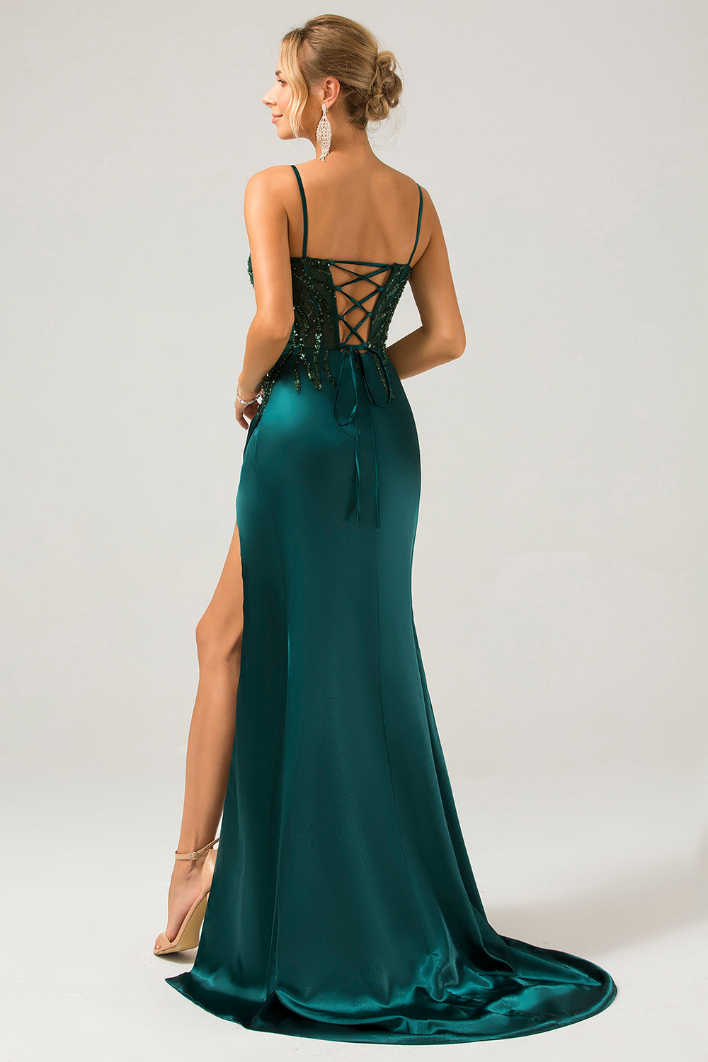 Scintillante Verde Scuro Sirena Paillettes Corsetto Plissettato Abito Lungo Da Ballo Con Fessura