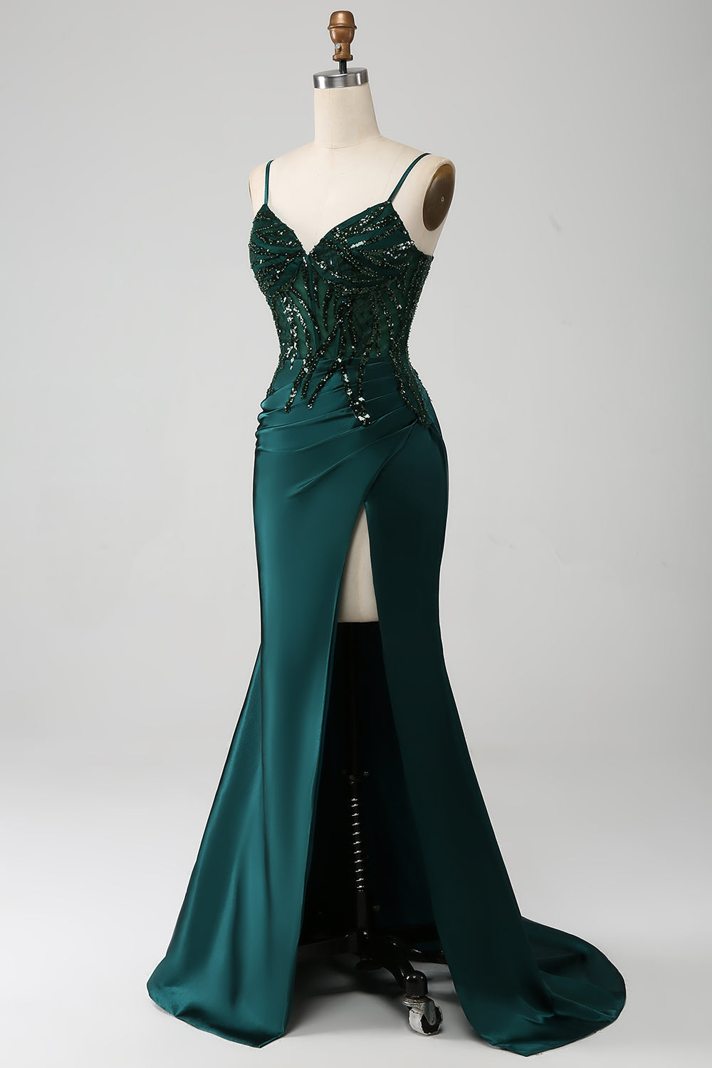 Sparkly verde scuro sirenetta paillettes plissettato corsetto abito da ballo con fessura