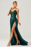 Scintillante Verde Scuro Sirena Paillettes Corsetto Plissettato Abito Lungo Da Ballo Con Fessura