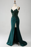 Sparkly verde scuro sirenetta paillettes plissettato corsetto abito da ballo con fessura