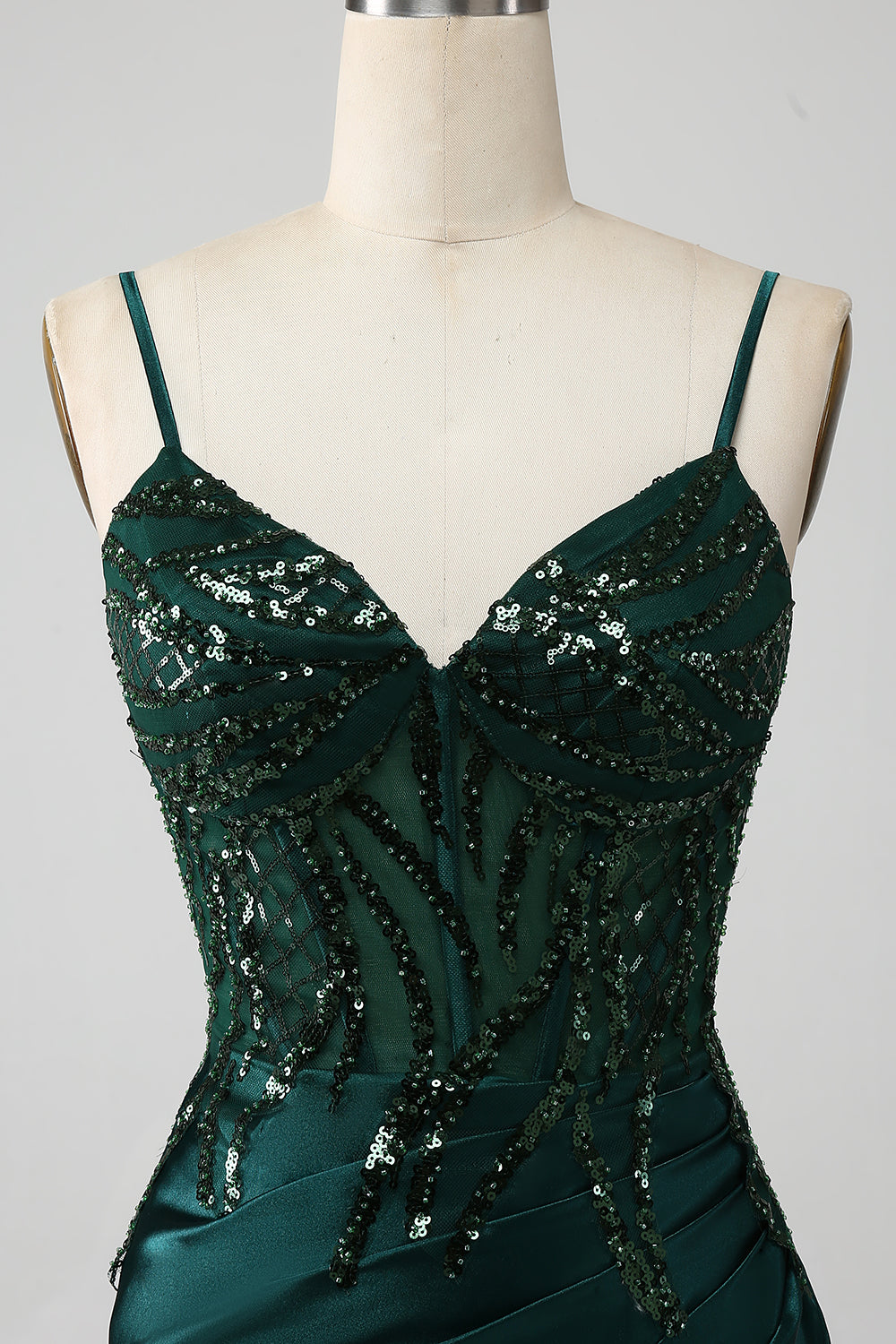 Sparkly verde scuro sirenetta paillettes plissettato corsetto abito da ballo con fessura