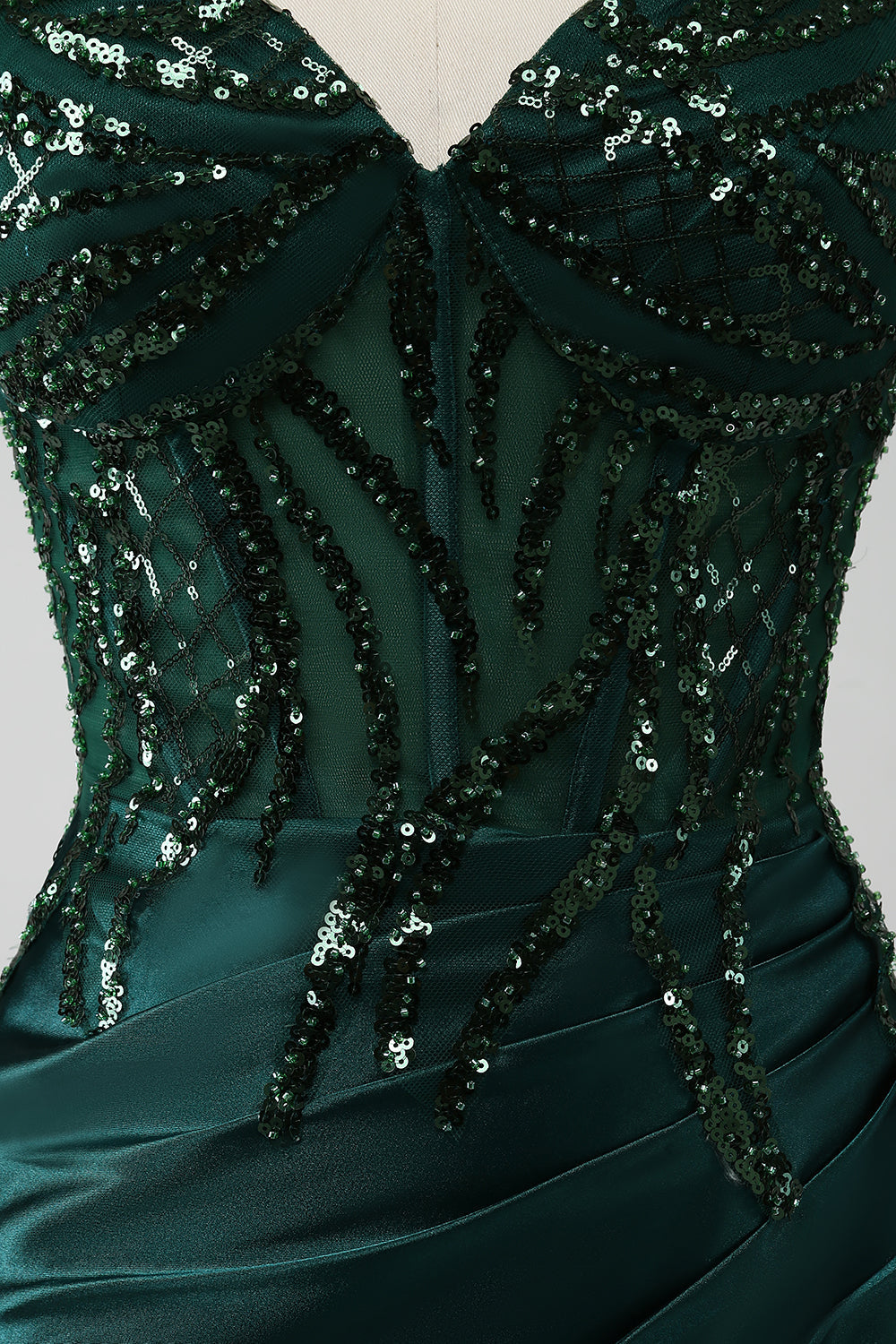 Sparkly verde scuro sirenetta paillettes plissettato corsetto abito da ballo con fessura