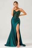 Scintillante Verde Scuro Sirena Paillettes Corsetto Plissettato Abito Lungo Da Ballo Con Fessura