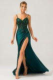 Scintillante Verde Scuro Sirena Paillettes Corsetto Plissettato Abito Lungo Da Ballo Con Fessura