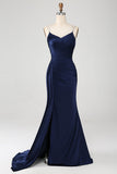 Navy Sirena Spaghetti Straps Corsetto Plissettato Abito Lungo Prom Con Fessura