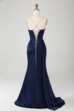 Navy Sirena Spaghetti Straps Corsetto Plissettato Abito Lungo Prom Con Fessura