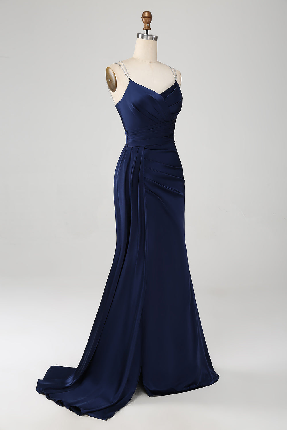 Navy Sirena Spaghetti Straps Corsetto Plissettato Abito Lungo Prom Con Fessura