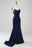 Navy Sirena Spaghetti Straps Corsetto Plissettato Abito Lungo Prom Con Fessura