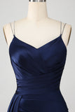 Navy Sirena Spaghetti Straps Corsetto Plissettato Abito Lungo Prom Con Fessura