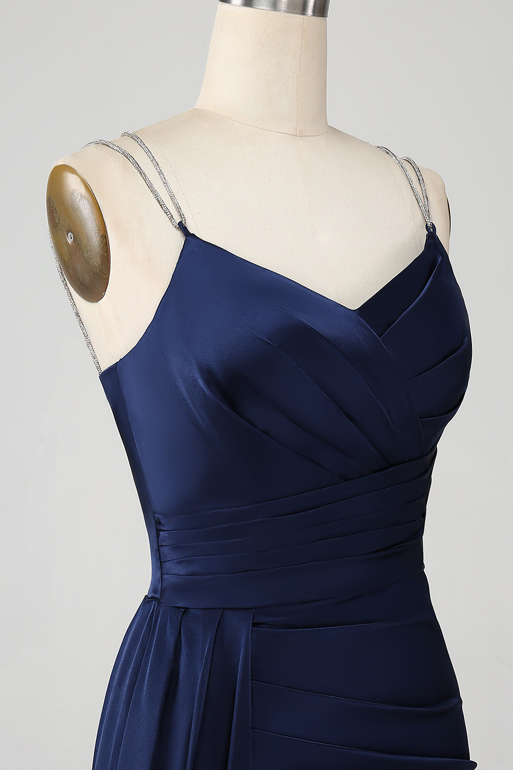 Navy Sirena Spaghetti Straps Corsetto Plissettato Abito Lungo Prom Con Fessura
