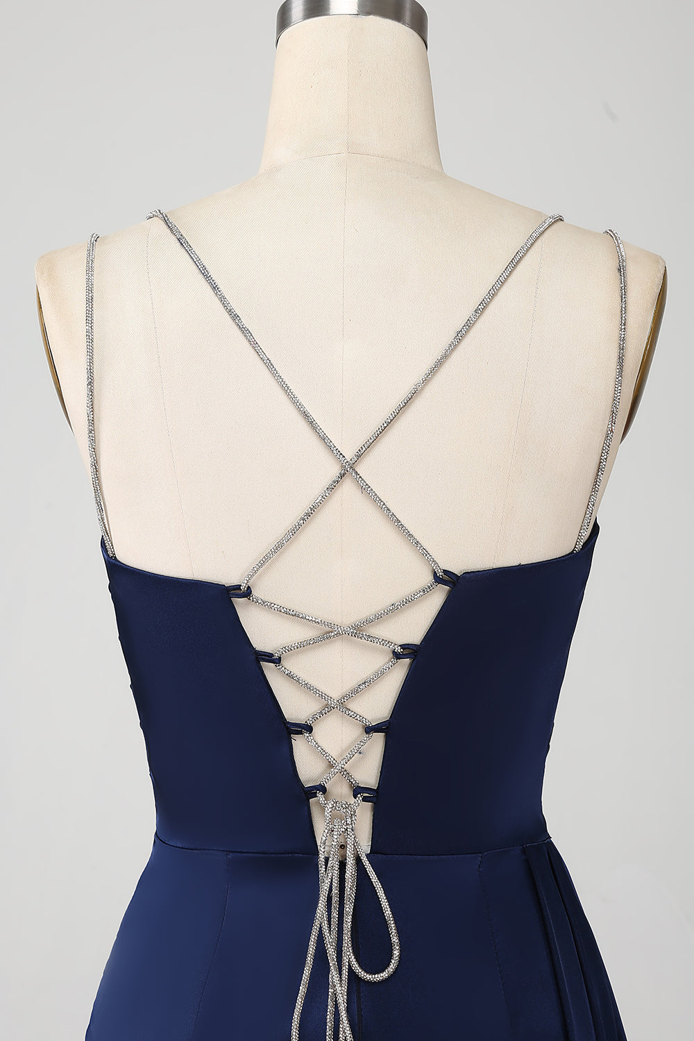 Navy Sirena Spaghetti Straps Corsetto Plissettato Abito Lungo Prom Con Fessura