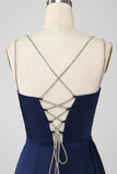 Navy Sirena Spaghetti Straps Corsetto Plissettato Abito Lungo Prom Con Fessura