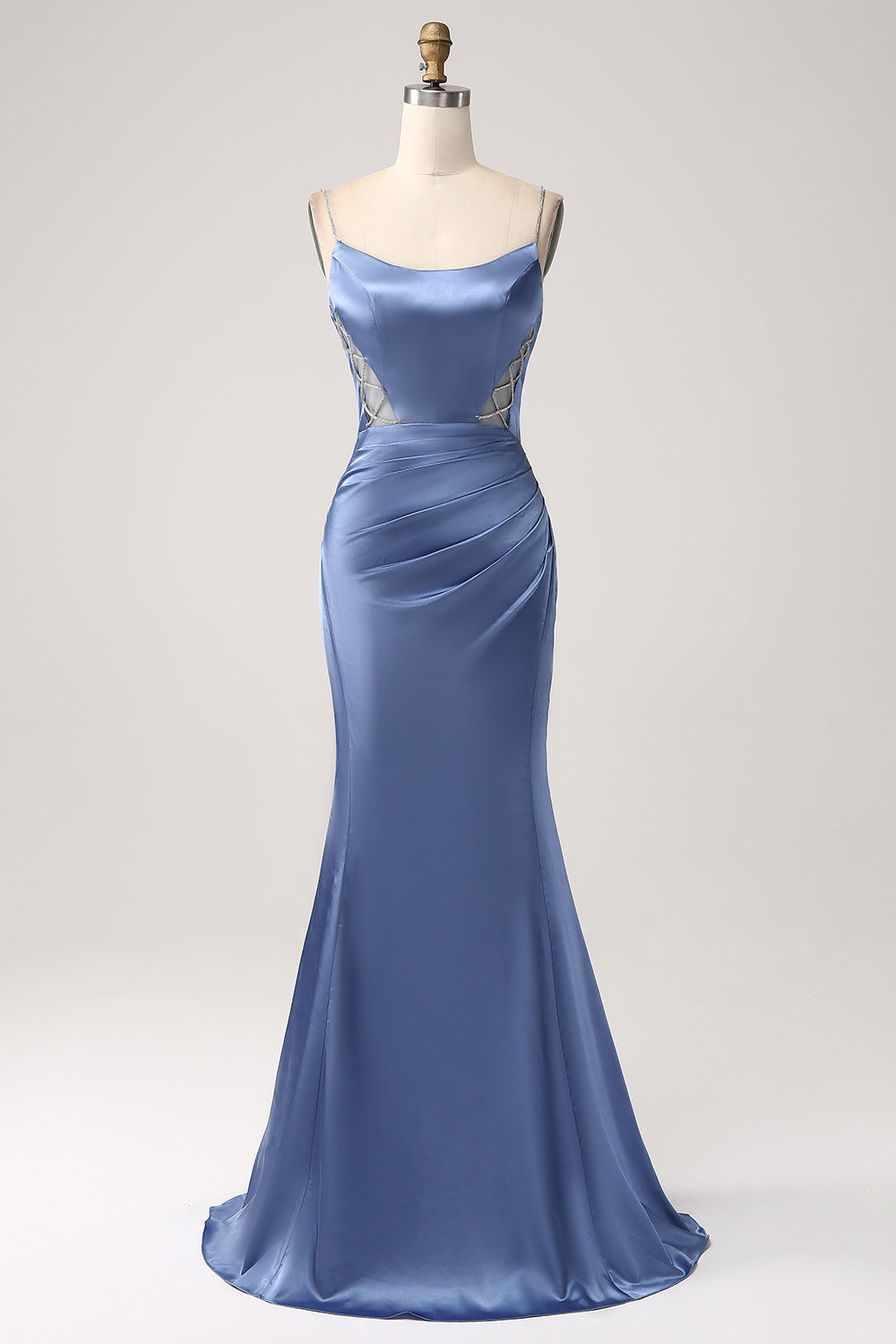 Mermaid Grigio Blu Raso Spaghetti Straps Abito Lungo Prom
