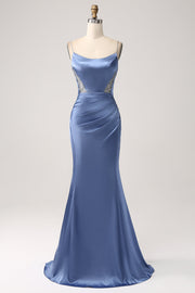 Mermaid Grigio Blu Raso Spaghetti Straps Abito Lungo Prom