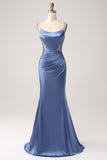 Mermaid Grigio Blu Raso Spaghetti Straps Abito Lungo Prom
