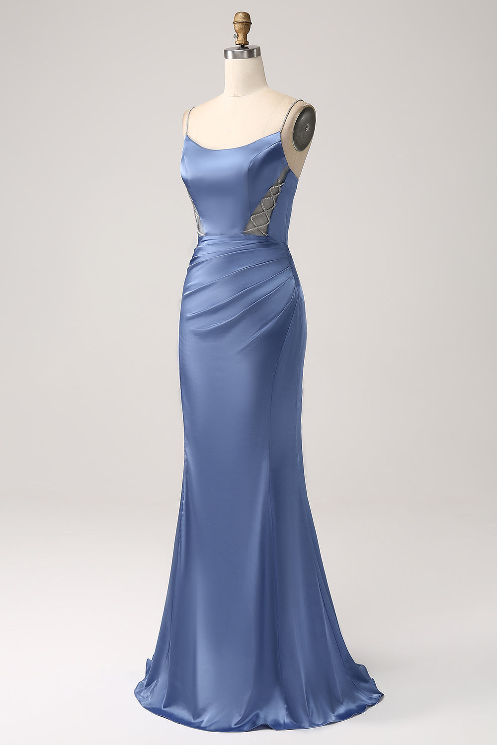 Mermaid Grigio Blu Raso Spaghetti Straps Abito Lungo Prom