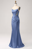 Mermaid Grigio Blu Raso Spaghetti Straps Abito Lungo Prom